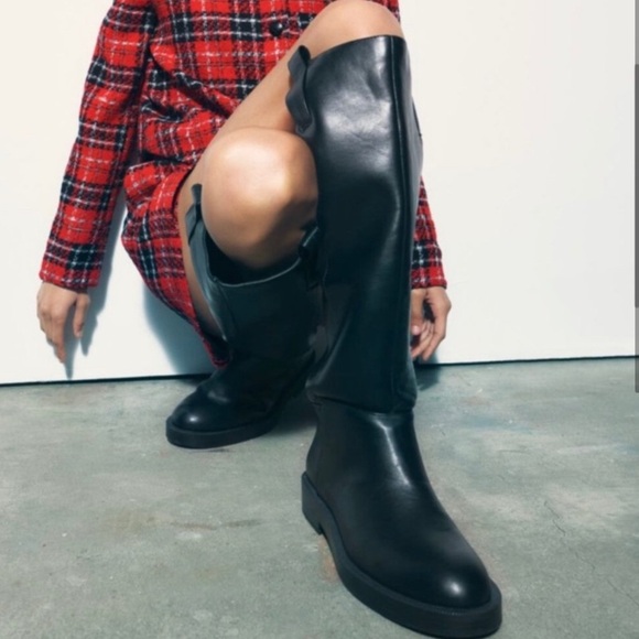 Zara Leather Riding Pull-on Boots Black Size US 6 - Picture 3 of 4